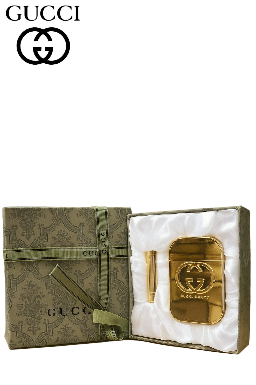 Gold Gucci accessory in a decorative box with Gucci logo on a brown background