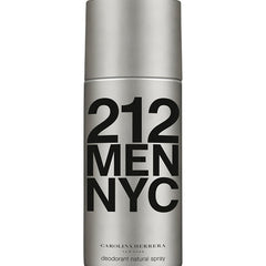 Silver deodorant spray bottle labeled '212 Men NYC' by Carolina Herrera