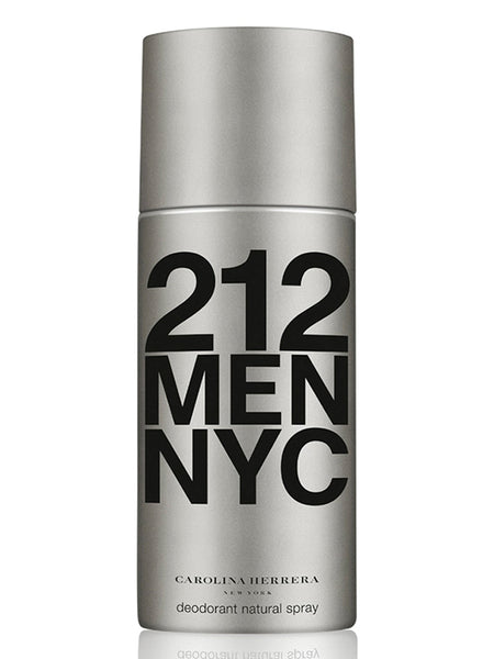 Silver deodorant spray bottle labeled '212 Men NYC' by Carolina Herrera