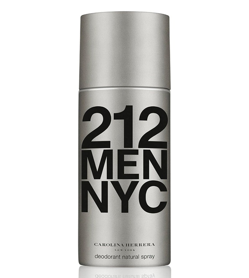 Silver deodorant spray bottle labeled '212 Men NYC' by Carolina Herrera