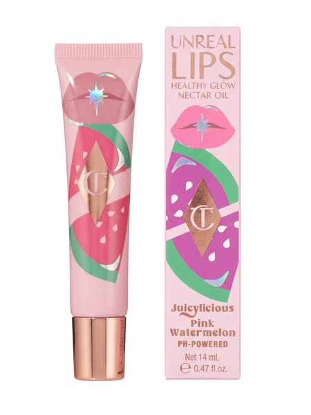 Charlotte Tilbury Unreal Lips Nectar Oil Pink Watermelon tube and box