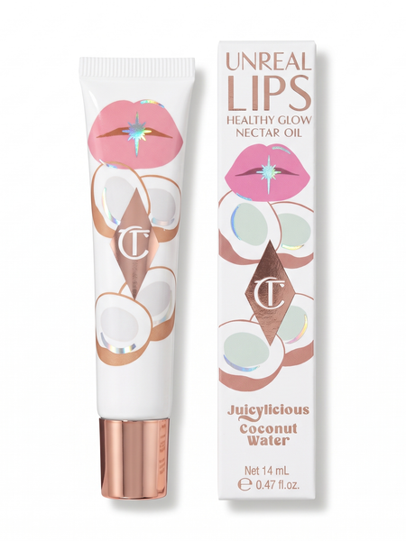Charlotte Tilbury Unreal Lips Nectar Oil Coconut Water tube and box