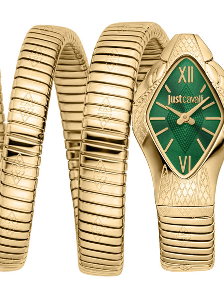 Just Cavalli Signature Snake Cristallo JC1L307M0035 gold coil watch with bottle green rhombus dial