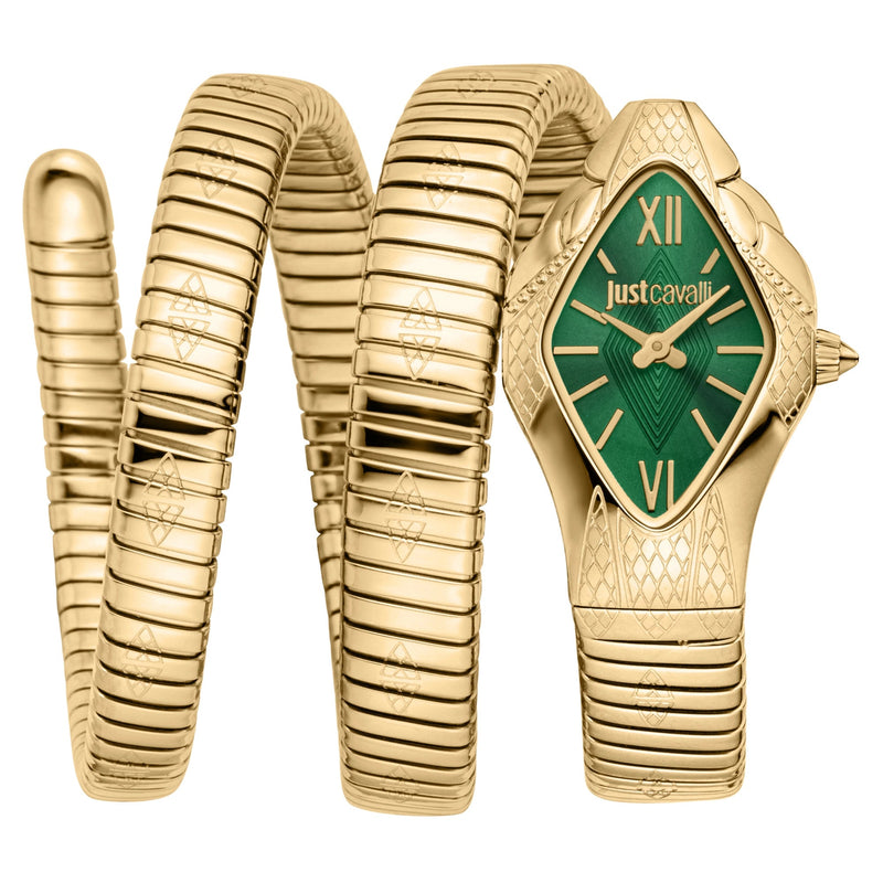 Just Cavalli Signature Snake Cristallo JC1L307M0035 gold coil watch with bottle green rhombus dial
