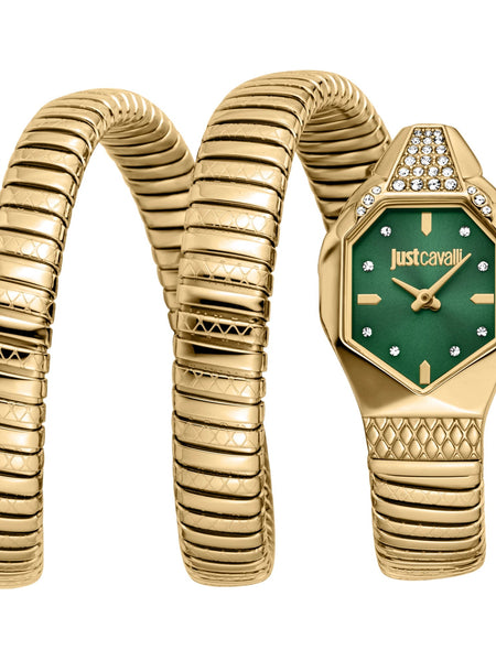 Just Cavalli Ambra JC1L370M0035 gold faceted snake watch green dial