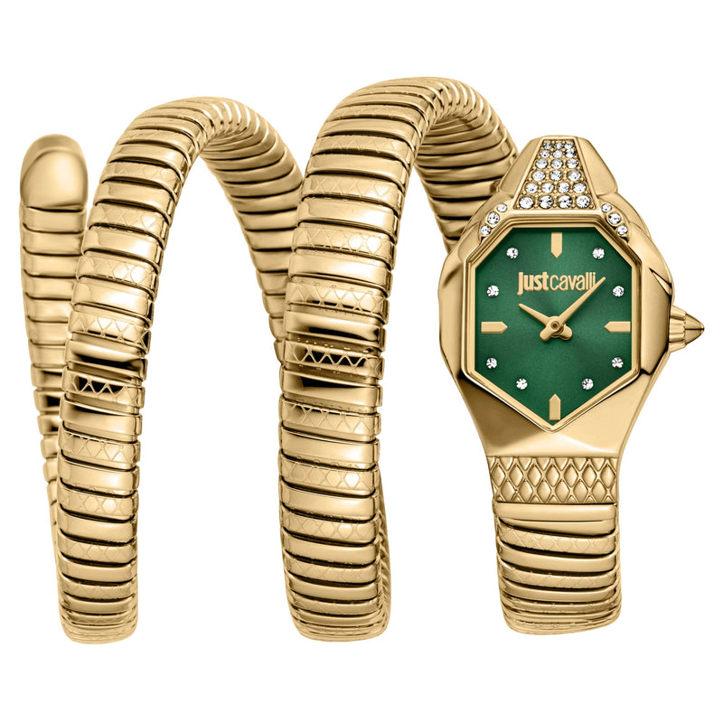 Just Cavalli Ambra JC1L370M0035 gold faceted snake watch green dial