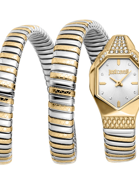 Just Cavalli Ambra JC1L370M0055 two tone faceted snake watch silver dial