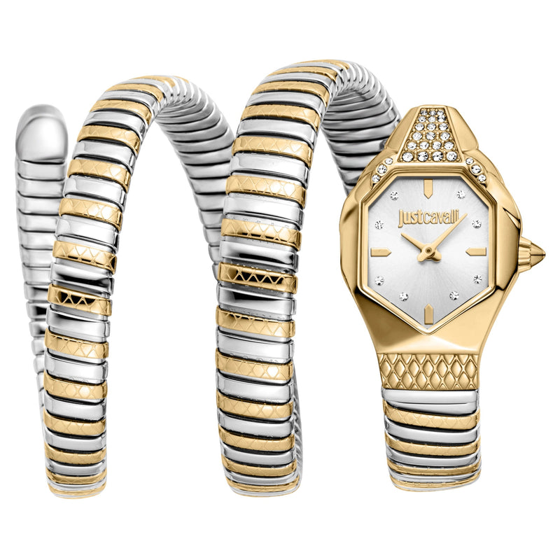 Just Cavalli Ambra JC1L370M0055 two tone faceted snake watch silver dial