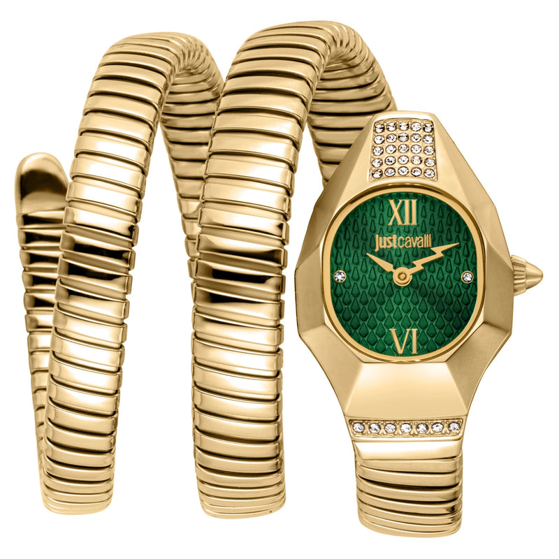 Just Cavalli Lunara JC1L397M0045 gold coil snake watch green dial