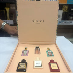 Gucci Flora & Bloom miniature gift set open box with six 5ml fragrance bottles