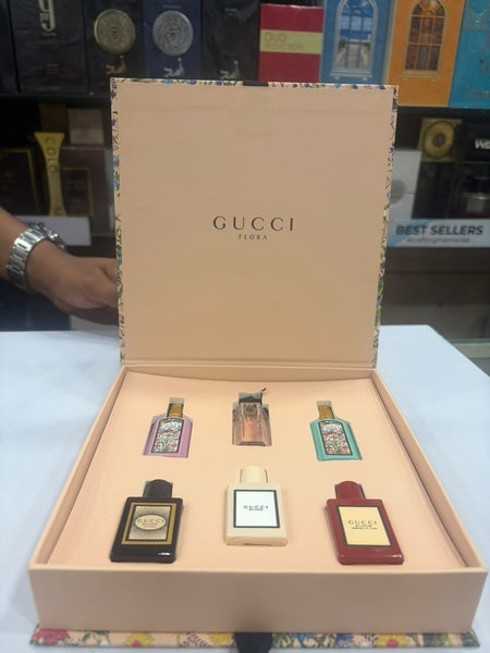 Gucci Flora & Bloom miniature gift set open box with six 5ml fragrance bottles