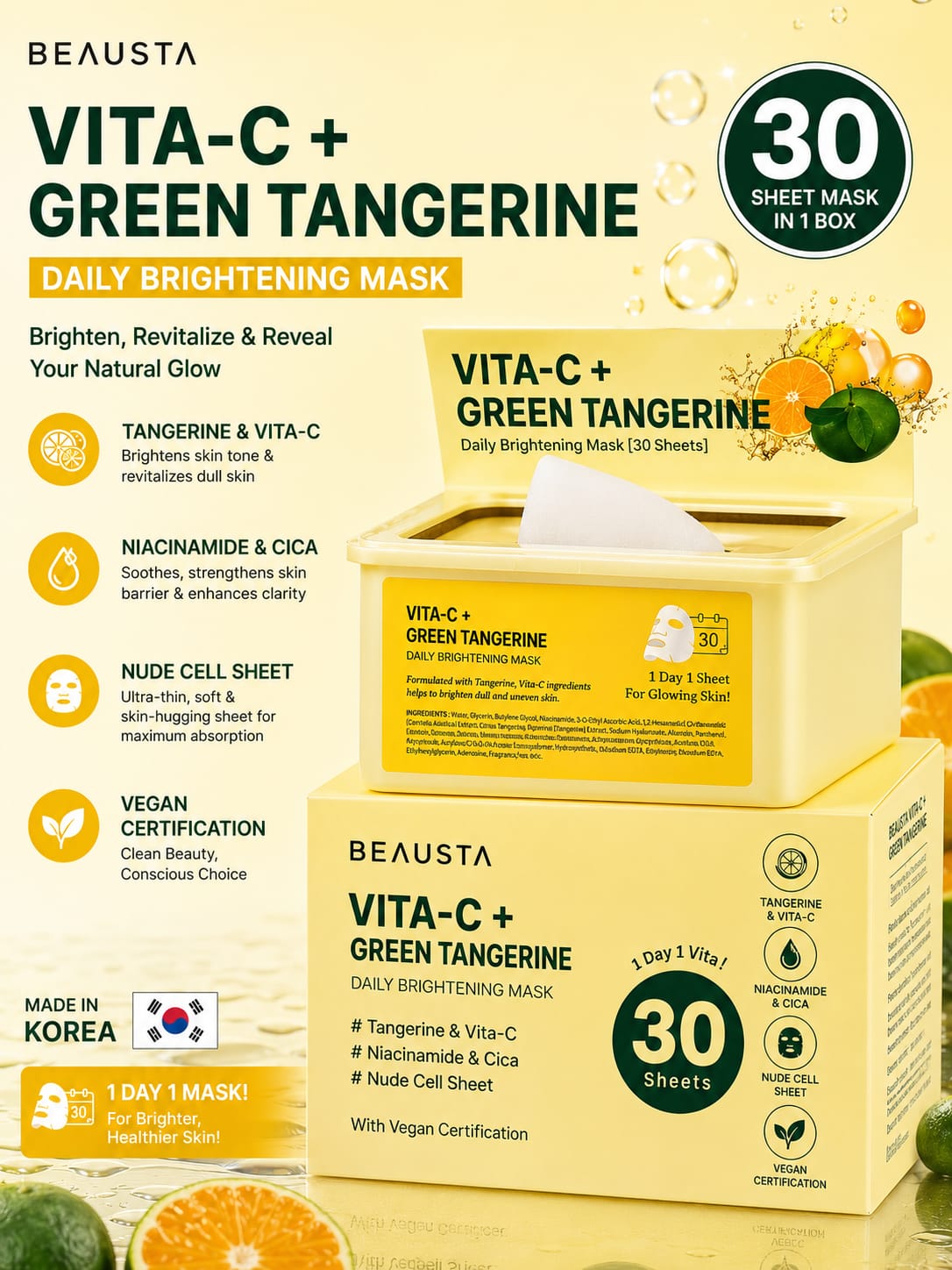 Beausta Vita-C + Green Tangerine Daily Brightening Mask 30 Sheets