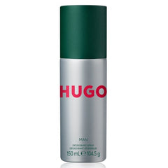 Hugo deodorant spray bottle with green cap and silver body