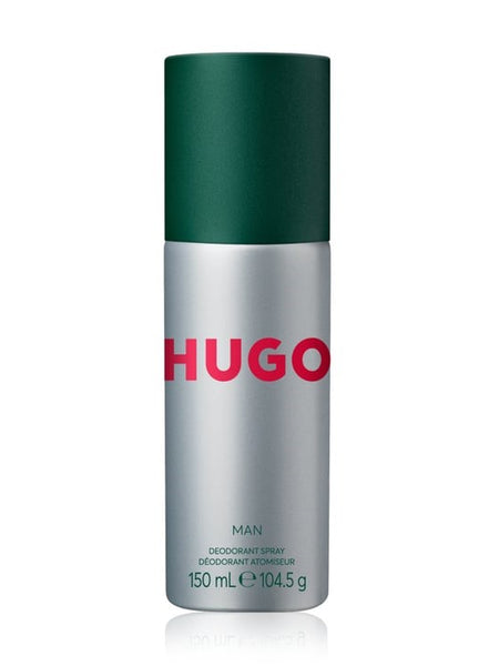 Hugo deodorant spray bottle with green cap and silver body