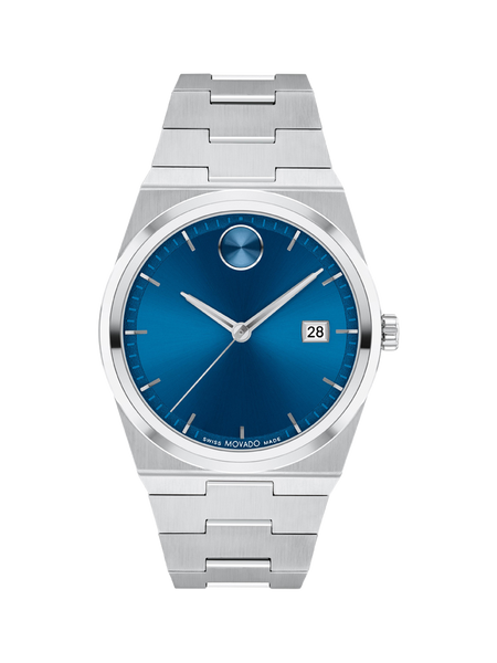 Movado Bold Quest 40mm steel watch with blue sunray dial