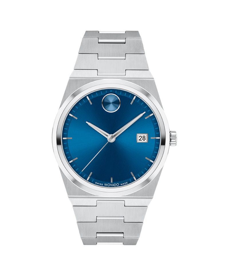 Movado Bold Quest 40mm steel watch with blue sunray dial