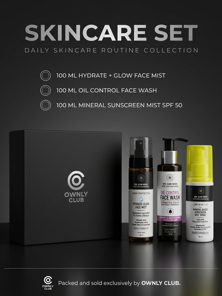 Dr. Gun-Woo skincare gift set with face mist, oil control face wash and mineral sunscreen mist spray boxed by Ownly Club