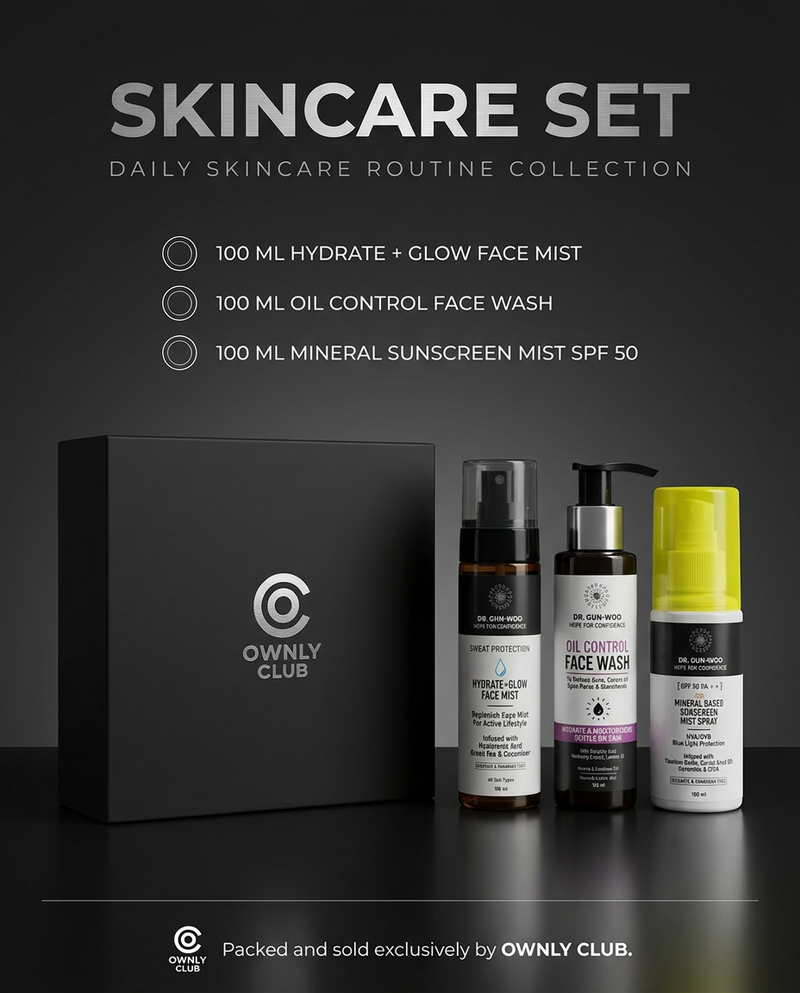 Dr. Gun-Woo skincare gift set with face mist, oil control face wash and mineral sunscreen mist spray boxed by Ownly Club