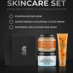 Peter Thomas Roth skincare gift set with Pumpkin Enzyme Mask, Water Drench cream and gold caviar face wash boxed by Ownly Club