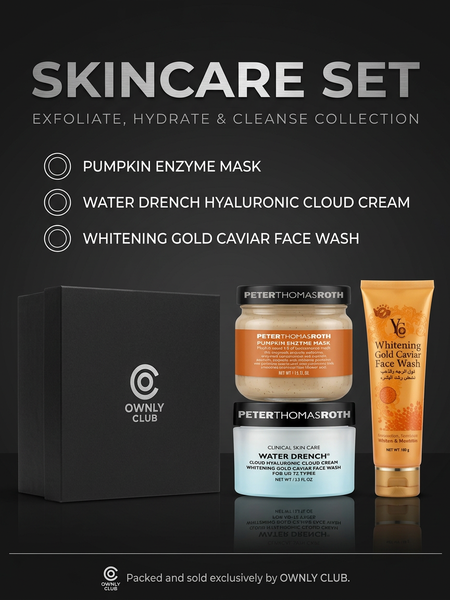 Peter Thomas Roth skincare gift set with Pumpkin Enzyme Mask, Water Drench cream and gold caviar face wash boxed by Ownly Club