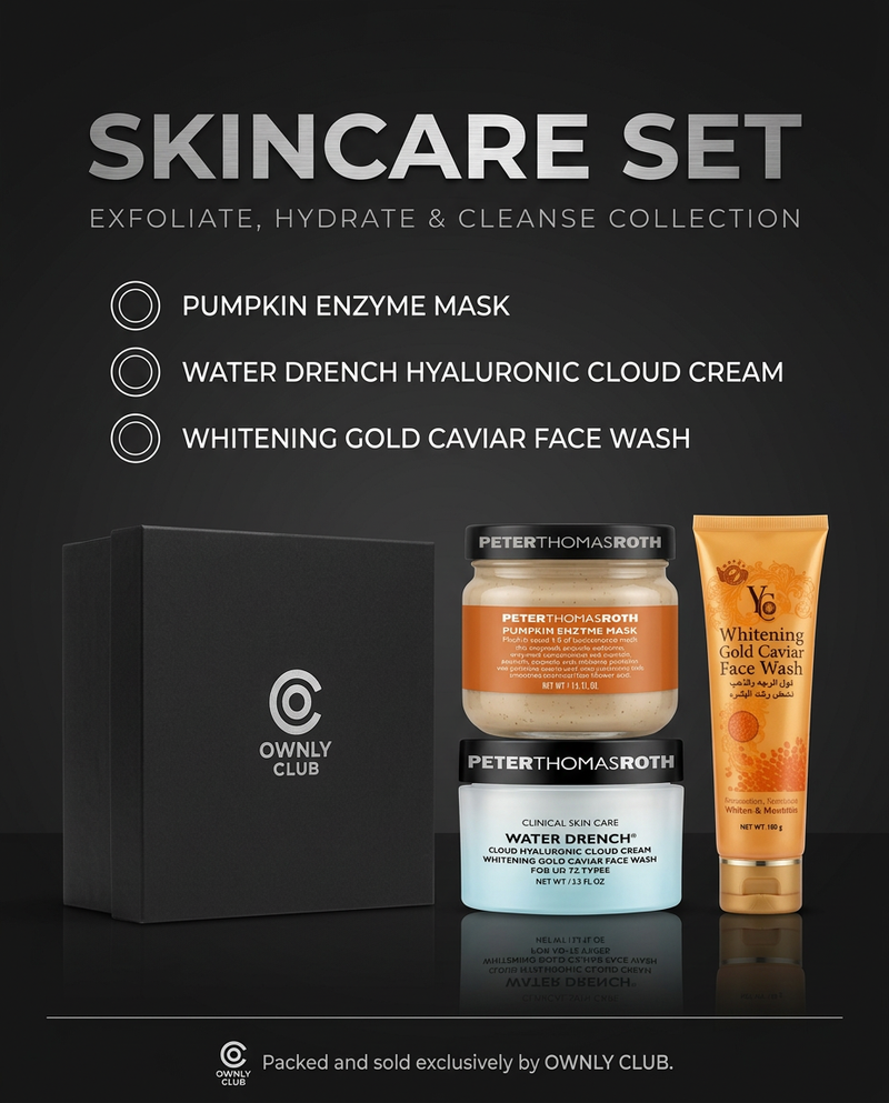 Peter Thomas Roth skincare gift set with Pumpkin Enzyme Mask, Water Drench cream and gold caviar face wash boxed by Ownly Club