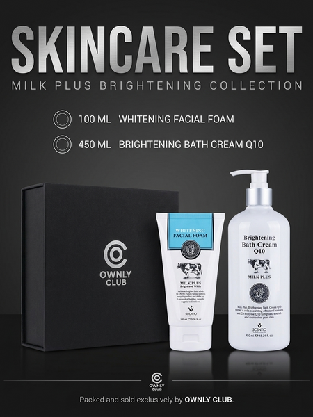 Scentio Milk Plus gift set with whitening facial foam and brightening bath cream Q10 boxed by Ownly Club