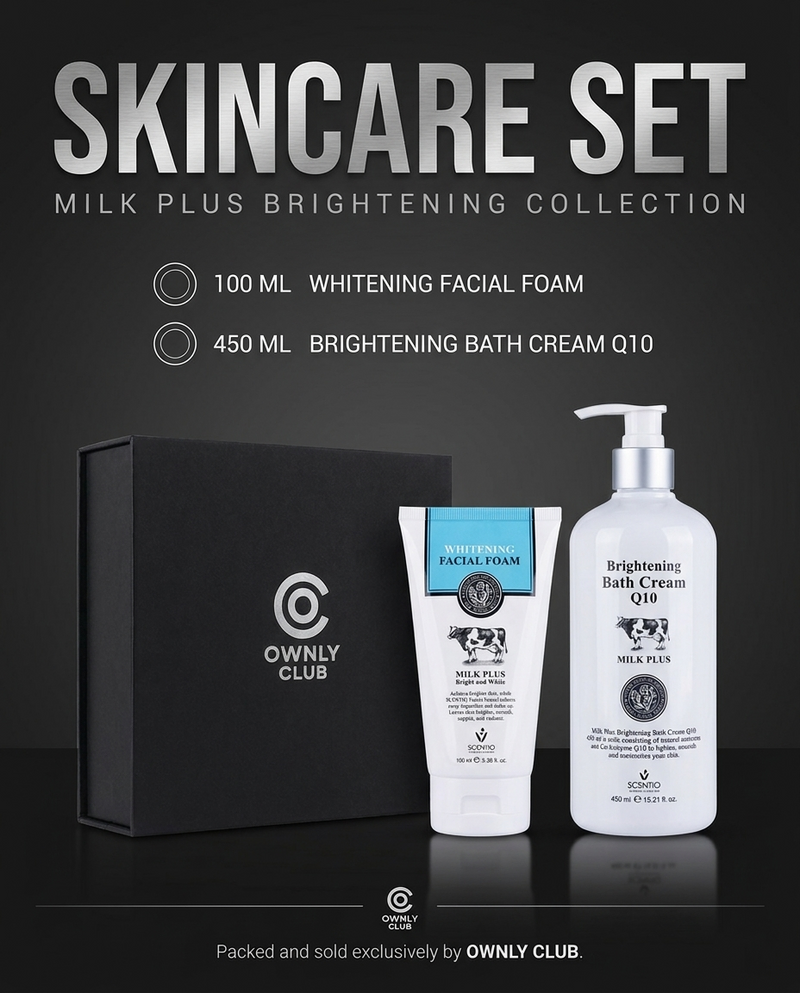 Scentio Milk Plus gift set with whitening facial foam and brightening bath cream Q10 boxed by Ownly Club