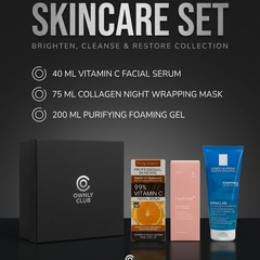 Brighten and restore skincare gift set with vitamin C serum, collagen night wrapping mask and purifying foaming gel boxed by Ownly Club