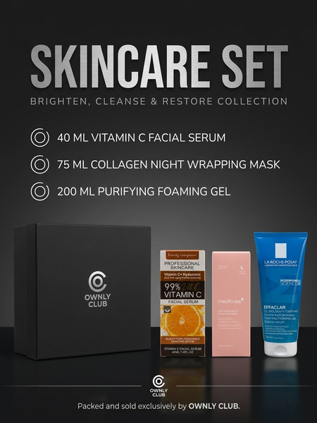 Brighten and restore skincare gift set with vitamin C serum, collagen night wrapping mask and purifying foaming gel boxed by Ownly Club