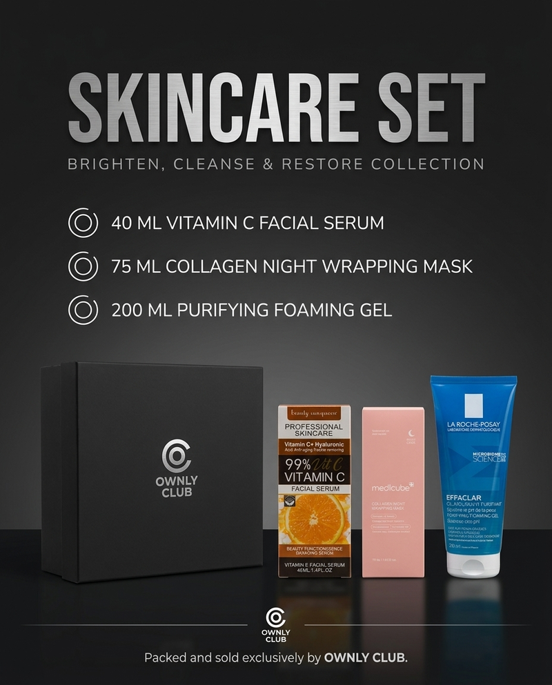 Brighten and restore skincare gift set with vitamin C serum, collagen night wrapping mask and purifying foaming gel boxed by Ownly Club