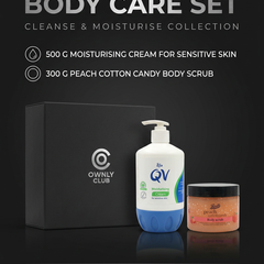 QV moisturising cream and Boots peach cotton candy body scrub gift set boxed by Ownly Club