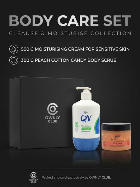 QV moisturising cream and Boots peach cotton candy body scrub gift set boxed by Ownly Club