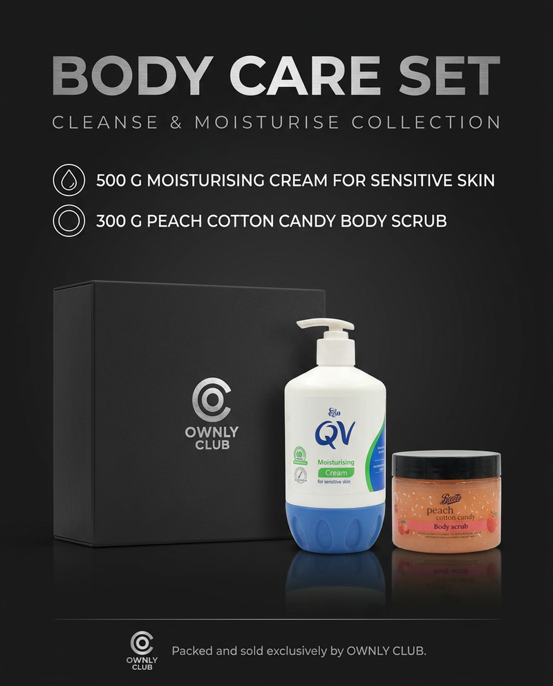 QV moisturising cream and Boots peach cotton candy body scrub gift set boxed by Ownly Club