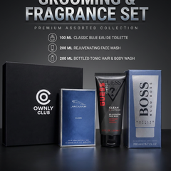 Ownly Club Grooming and Fragrance Gift Set with Jaguar Classic Blue EDT, Guess Effect face wash and Boss Bottled Tonic body wash