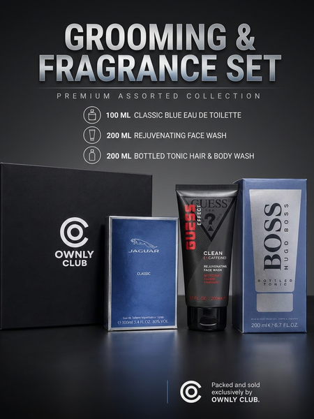 Ownly Club Grooming and Fragrance Gift Set with Jaguar Classic Blue EDT, Guess Effect face wash and Boss Bottled Tonic body wash