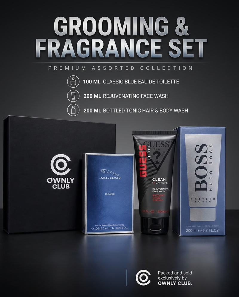 Ownly Club Grooming and Fragrance Gift Set with Jaguar Classic Blue EDT, Guess Effect face wash and Boss Bottled Tonic body wash