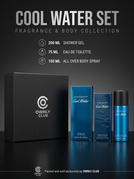 Davidoff Cool Water gift set with eau de toilette, shower gel and all over body spray boxed by Ownly Club