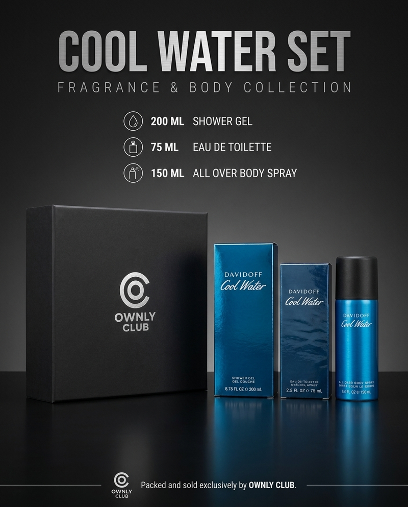 Davidoff Cool Water gift set with eau de toilette, shower gel and all over body spray boxed by Ownly Club