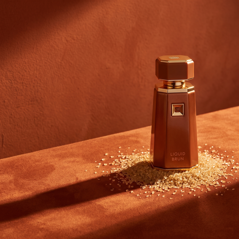 French Avenue Liquid Brun Eau de Parfum on burnt-orange suede in late sun