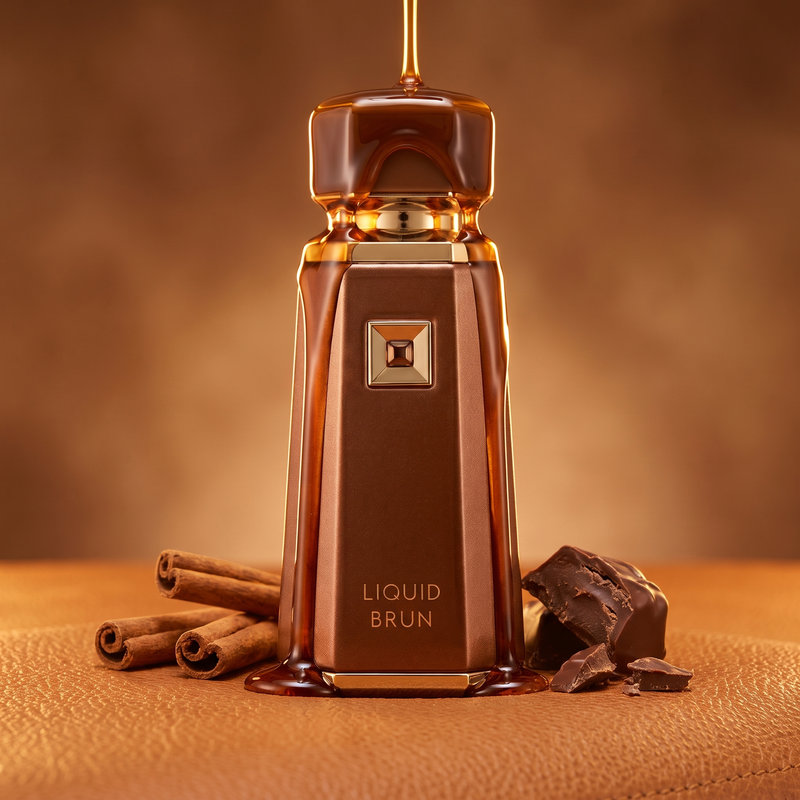 French Avenue Liquid Brun Eau de Parfum on cognac leather with cinnamon
