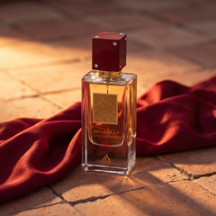 Lattafa I Am White Rouge on terracotta with red silk at dusk