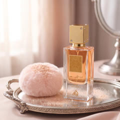 Lattafa I Am White Poudree on a vanity with a powder puff