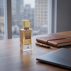 Lattafa I Am White Leather on an office desk