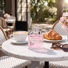 Miss Dior Blooming Bouquet on a brunch cafe table