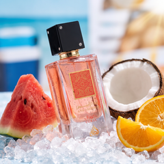 Lattafa Ana Abiyedh Coral with watermelon, coconut and orange on ice