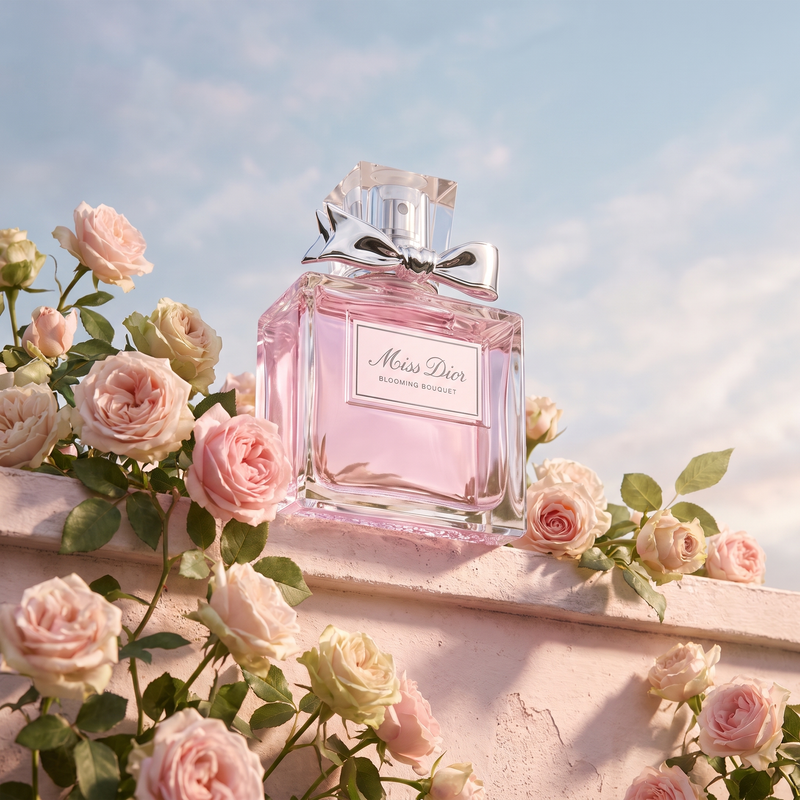 Miss Dior Blooming Bouquet on a garden wall with climbing roses