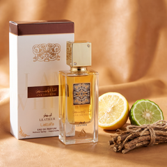 Lattafa I Am White Leather with lemon, bergamot and vetiver on tan leather