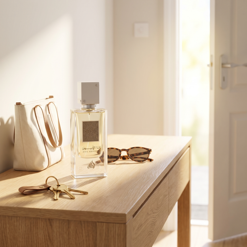 Lattafa I Am White on an entryway console for everyday wear