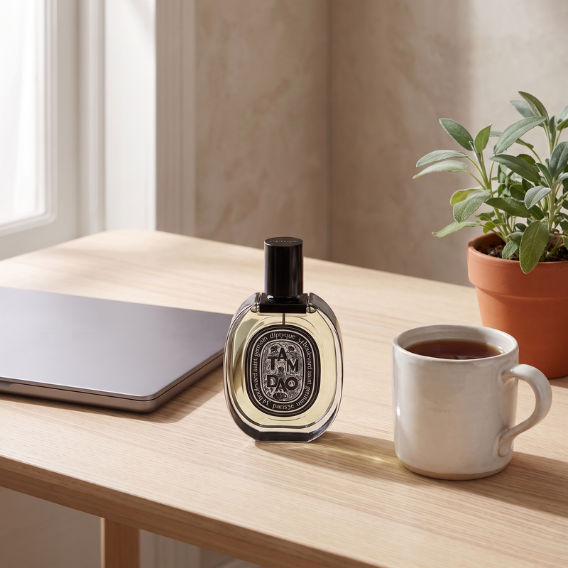 Diptyque Tam Dao on a calm home-office desk