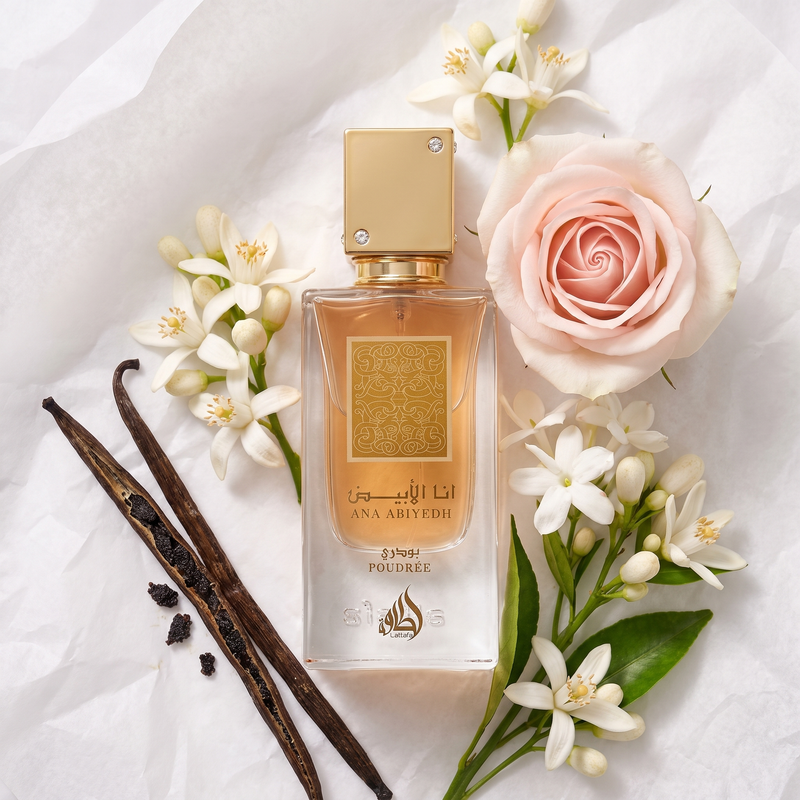Lattafa I Am White Poudree with orange blossom, jasmine, rose and vanilla